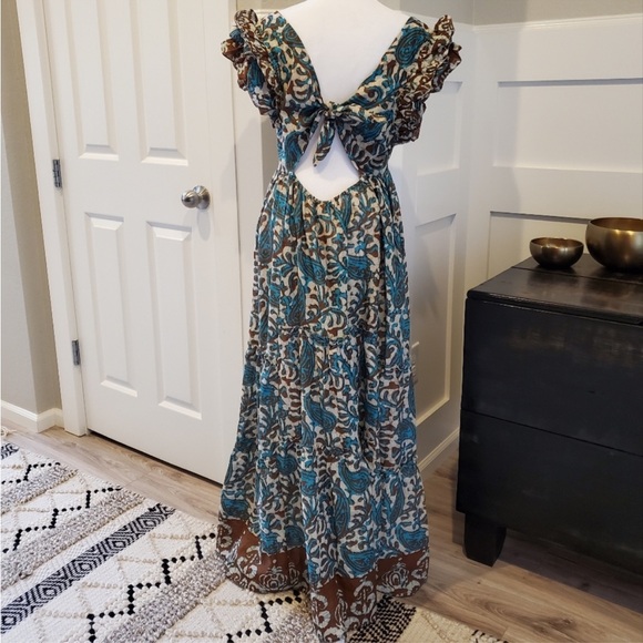 House of Harlow NWT Open Back Turquoise & Brown Batik Maxi Dress size Large - Picture 8 of 10